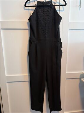 Express Black Lace-Front Halter Jumpsuit